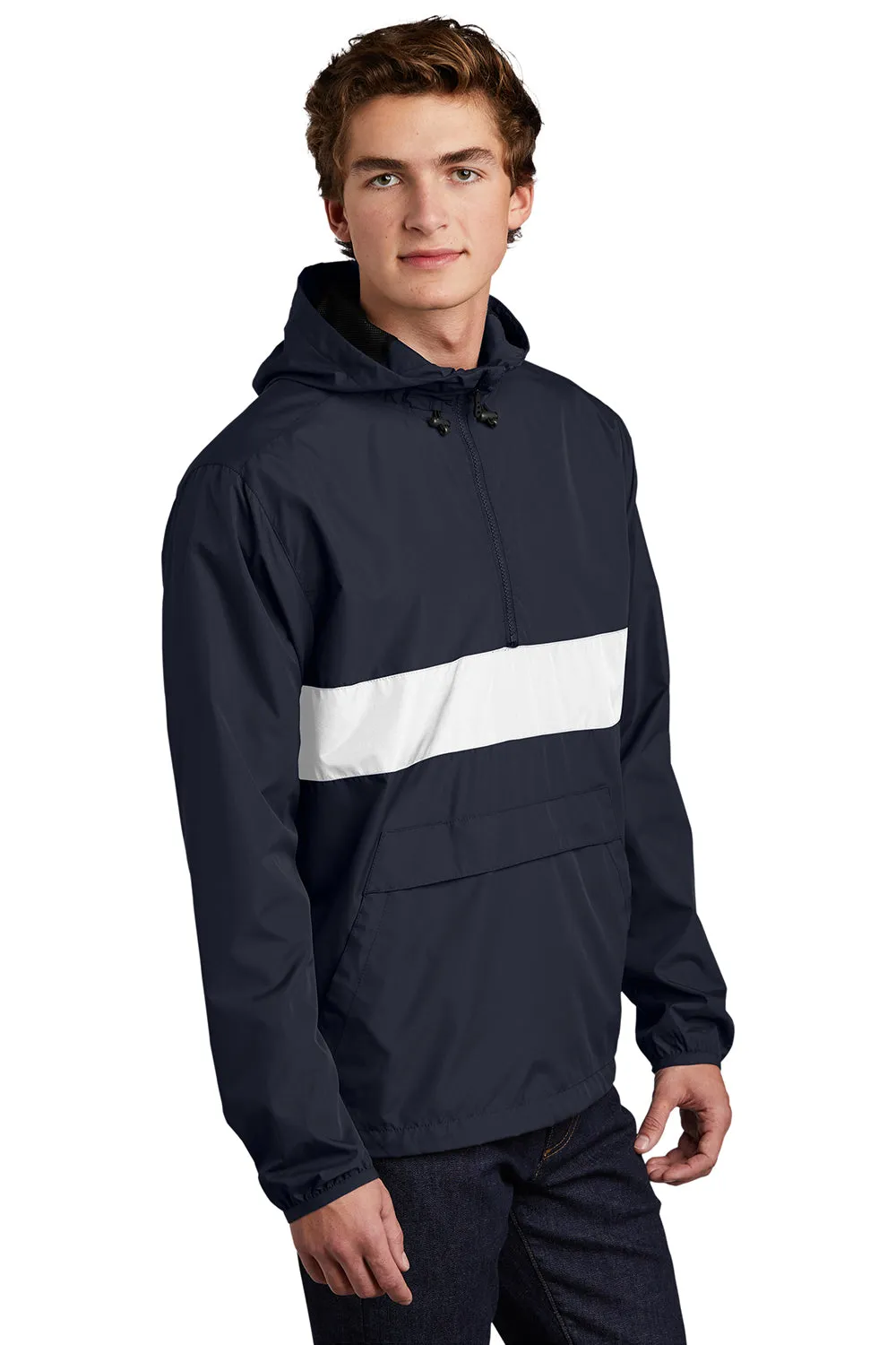 Sport-Tek Mens Hooded 1/4 Zip Jacket - True Navy Blue/White