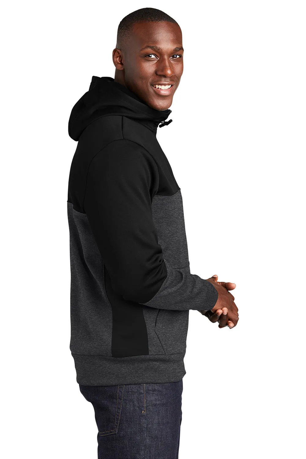 Sport-Tek Mens Moisture Wicking Full Zip Tech Fleece Hooded Jacket - Black/Heather Graphite Grey