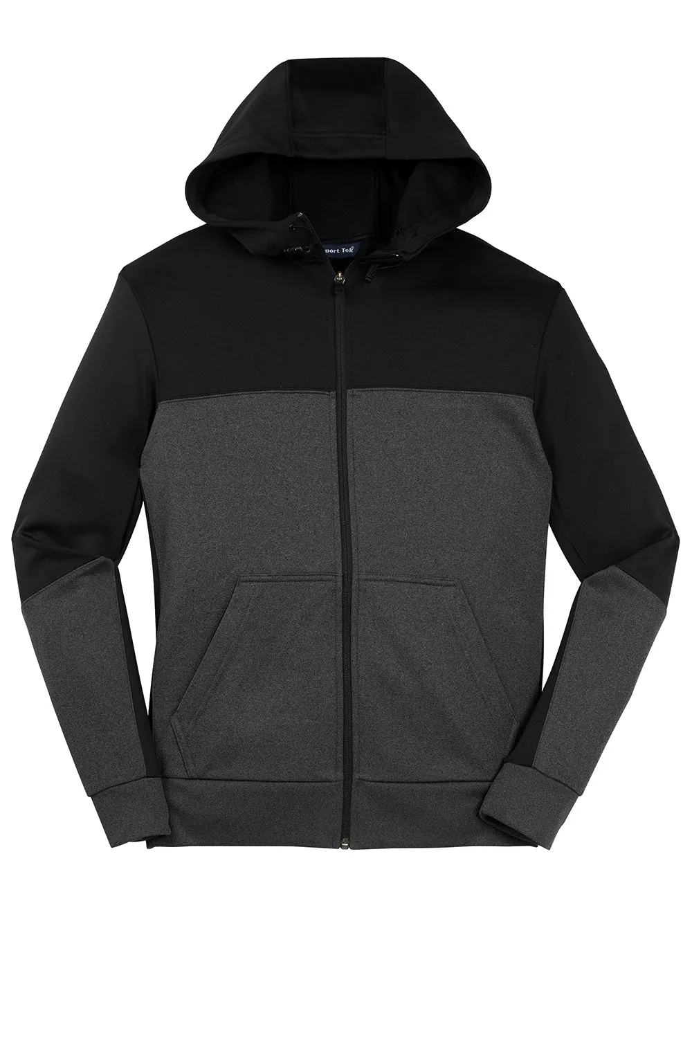 Sport-Tek Mens Moisture Wicking Full Zip Tech Fleece Hooded Jacket - Black/Heather Graphite Grey