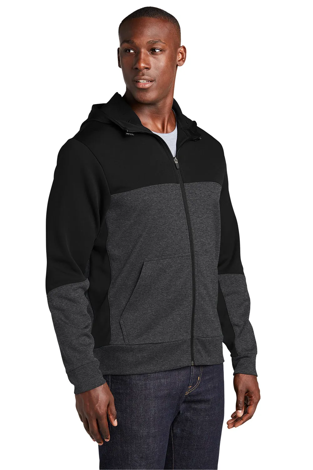 Sport-Tek Mens Moisture Wicking Full Zip Tech Fleece Hooded Jacket - Black/Heather Graphite Grey