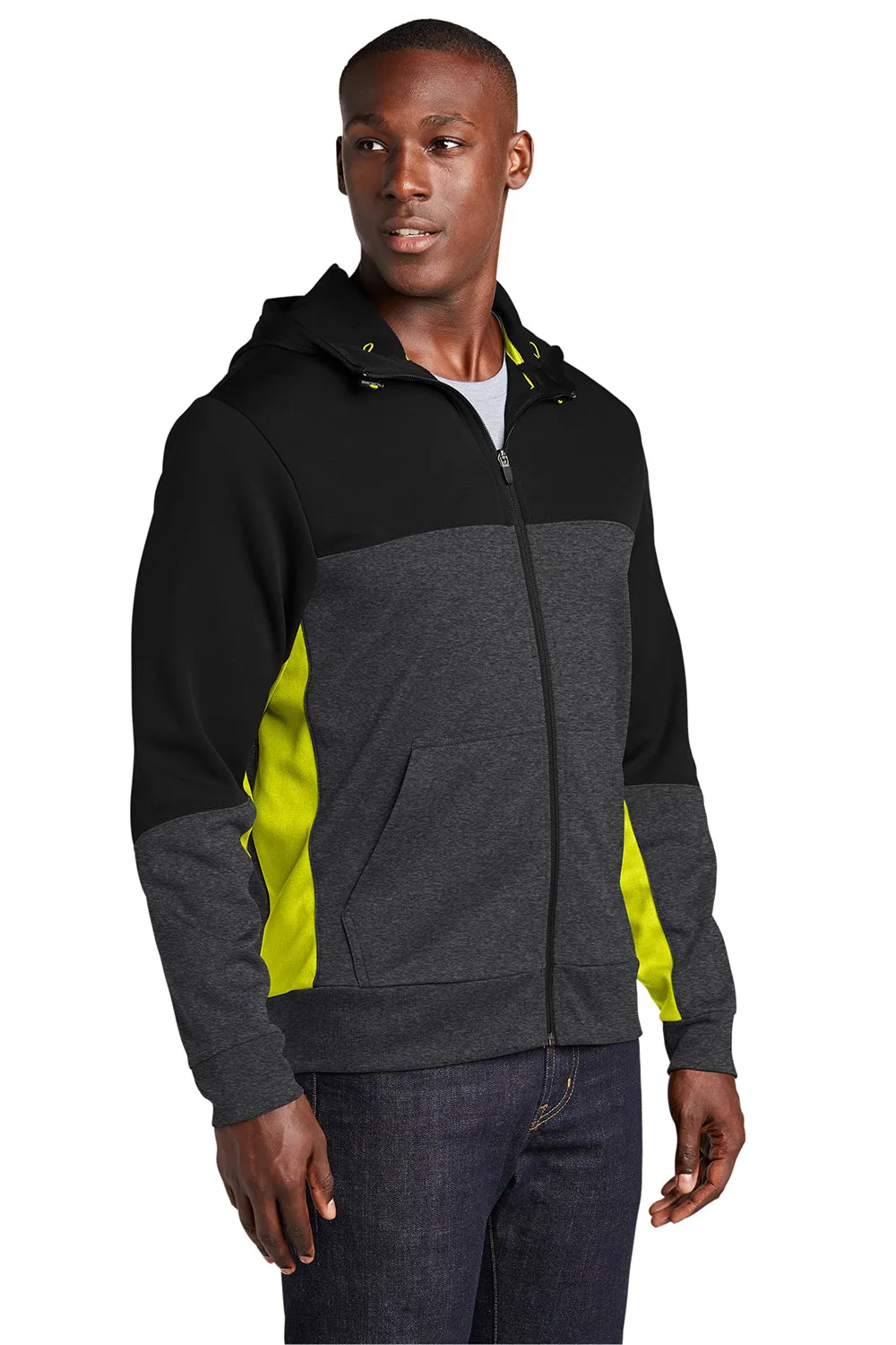 Sport-Tek Mens Moisture Wicking Full Zip Tech Fleece Hooded Jacket - Black/Heather Graphite Grey/Citron Green