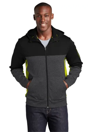 Sport-Tek Mens Moisture Wicking Full Zip Tech Fleece Hooded Jacket - Black/Heather Graphite Grey/Citron Green