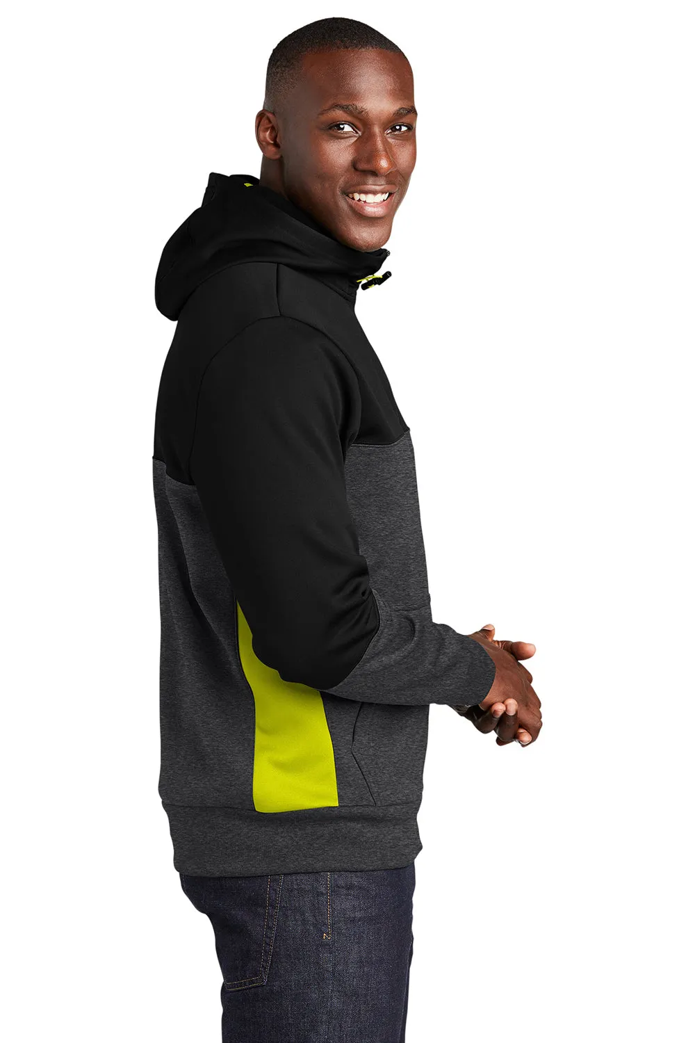 Sport-Tek Mens Moisture Wicking Full Zip Tech Fleece Hooded Jacket - Black/Heather Graphite Grey/Citron Green