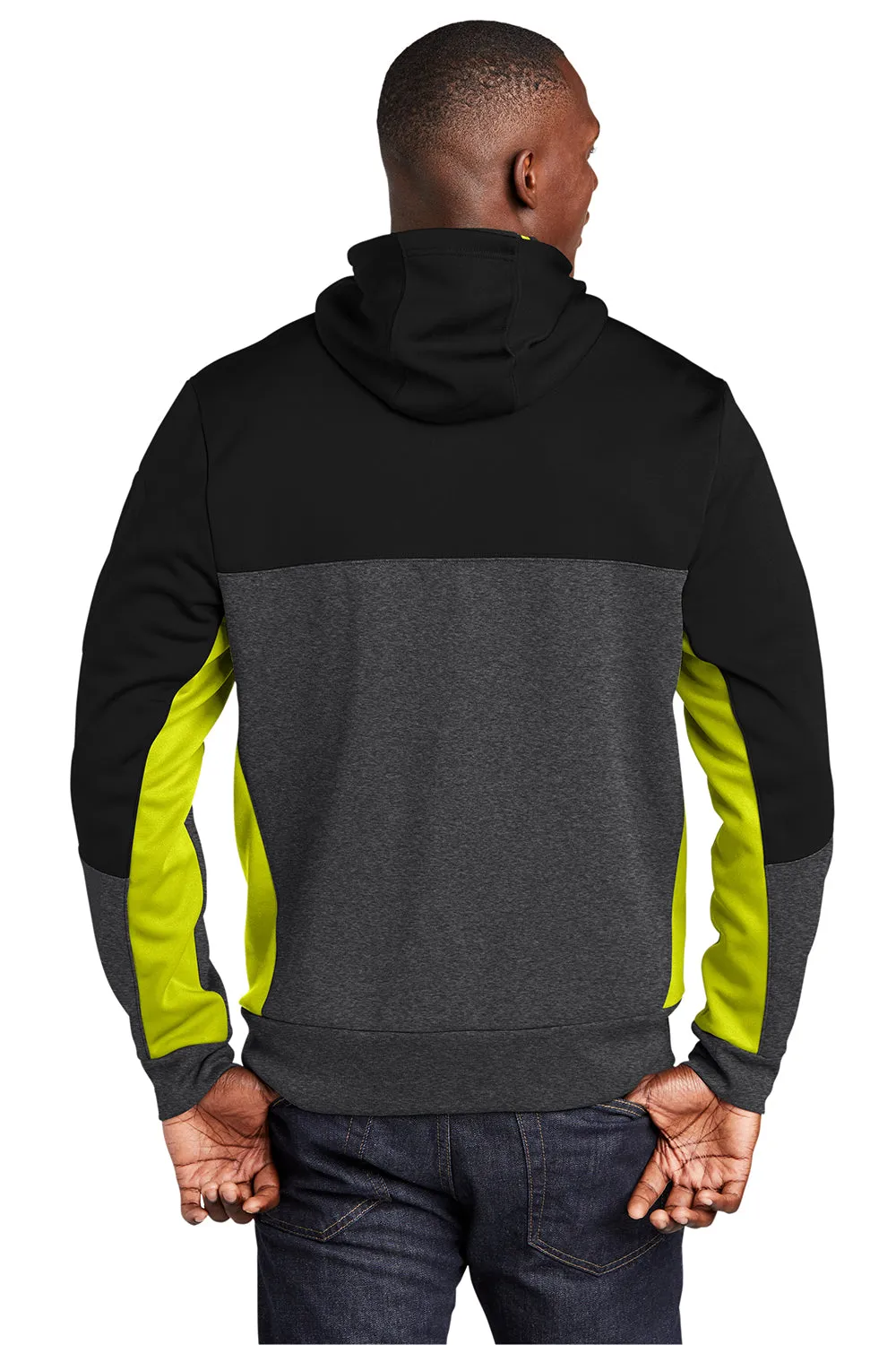 Sport-Tek Mens Moisture Wicking Full Zip Tech Fleece Hooded Jacket - Black/Heather Graphite Grey/Citron Green
