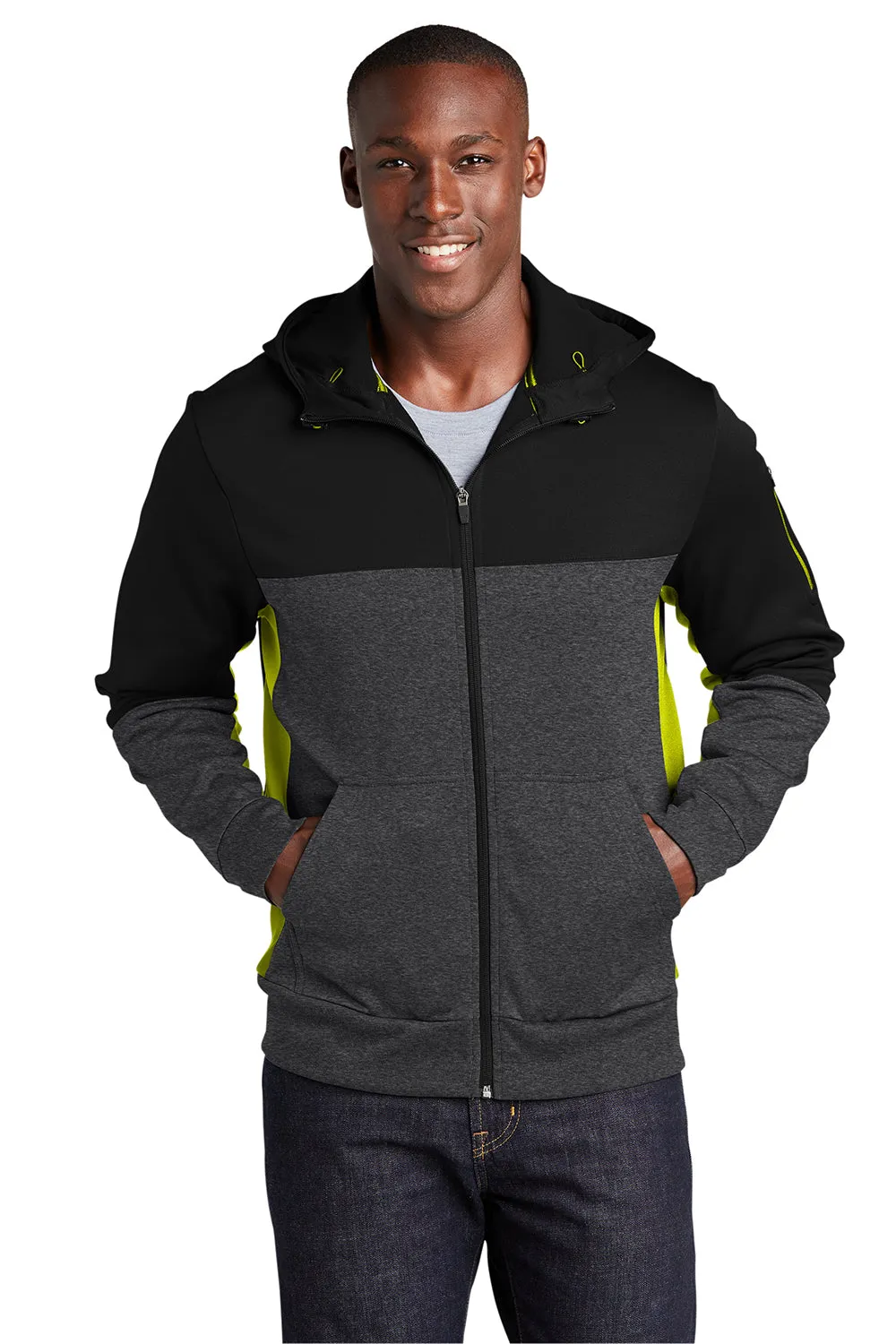 Sport-Tek Mens Moisture Wicking Full Zip Tech Fleece Hooded Jacket - Black/Heather Graphite Grey/Citron Green