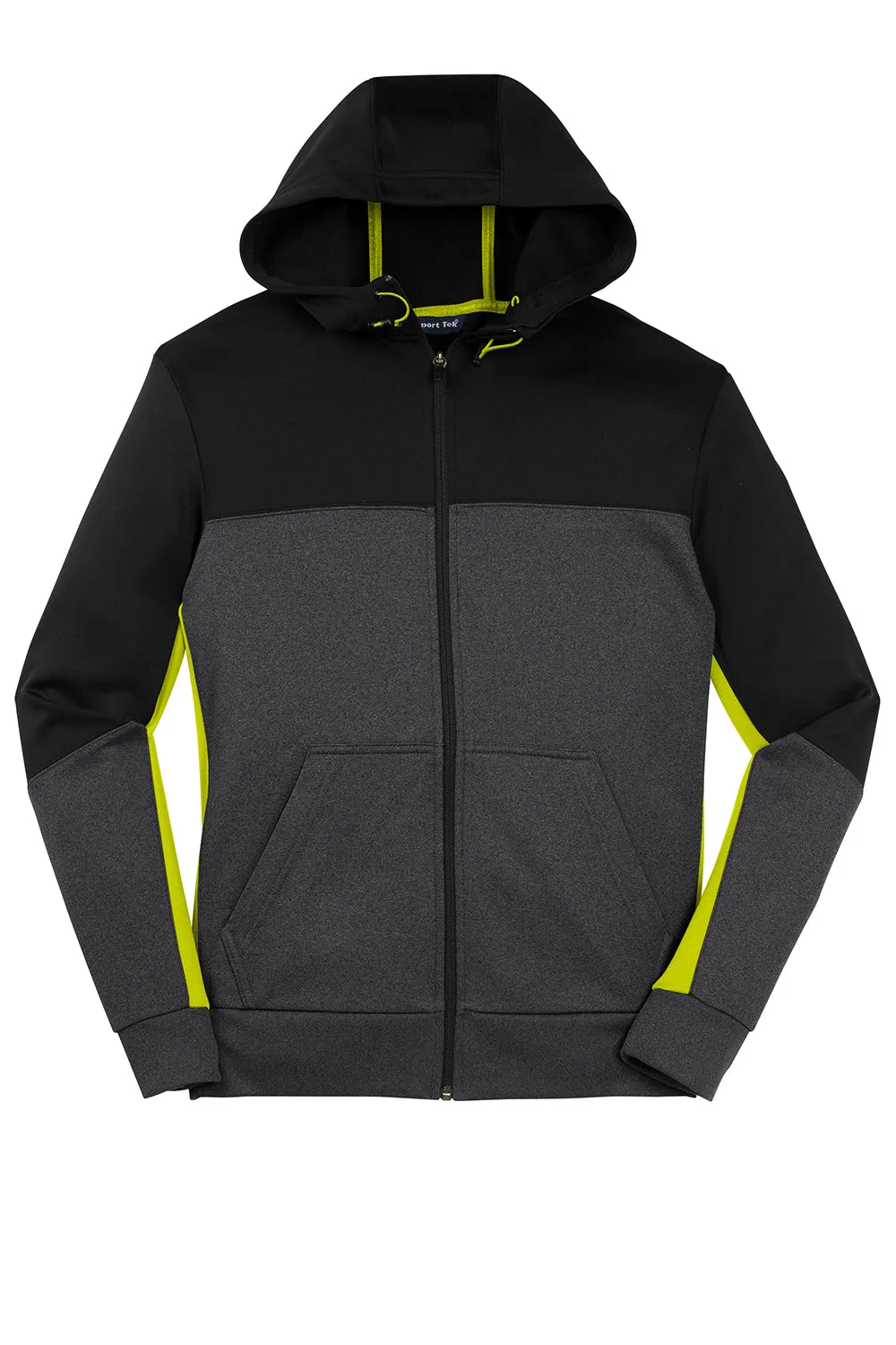 Sport-Tek Mens Moisture Wicking Full Zip Tech Fleece Hooded Jacket - Black/Heather Graphite Grey/Citron Green