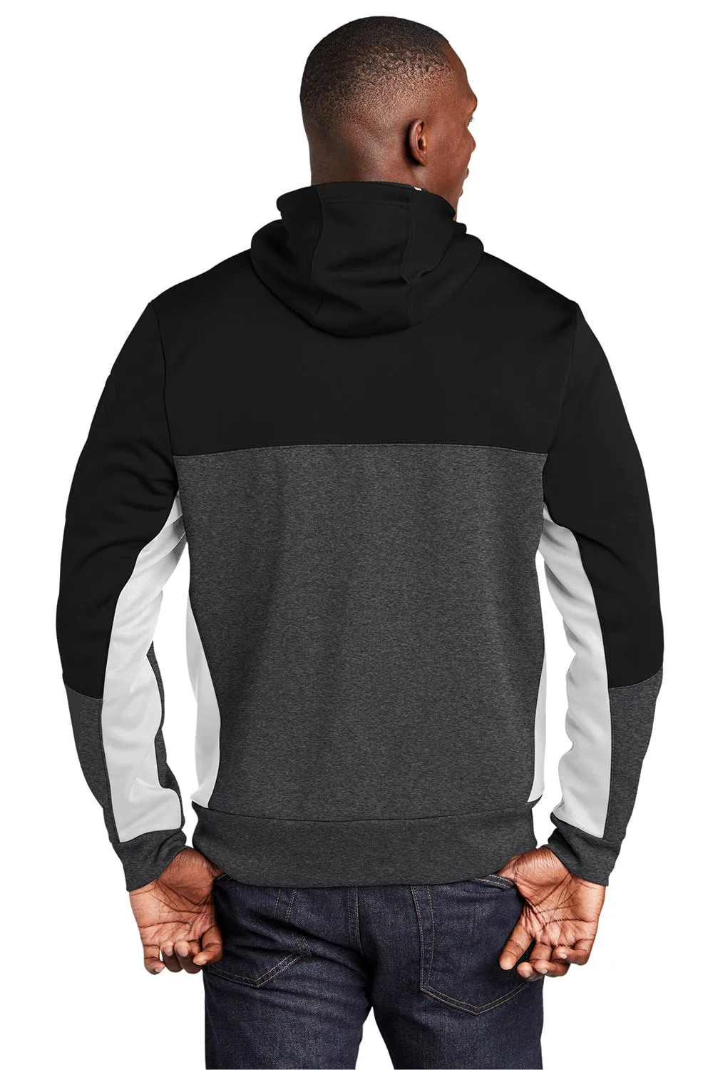 Sport-Tek Mens Moisture Wicking Full Zip Tech Fleece Hooded Jacket - Black/Heather Graphite Grey/White
