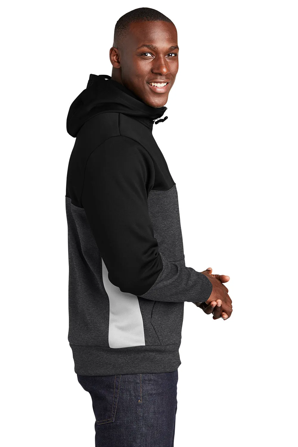 Sport-Tek Mens Moisture Wicking Full Zip Tech Fleece Hooded Jacket - Black/Heather Graphite Grey/White