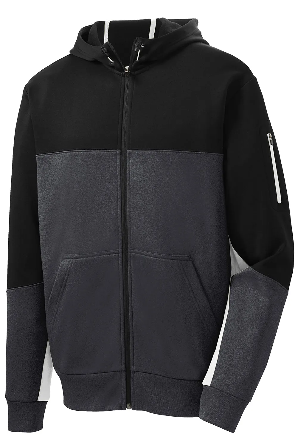 Sport-Tek Mens Moisture Wicking Full Zip Tech Fleece Hooded Jacket - Black/Heather Graphite Grey/White