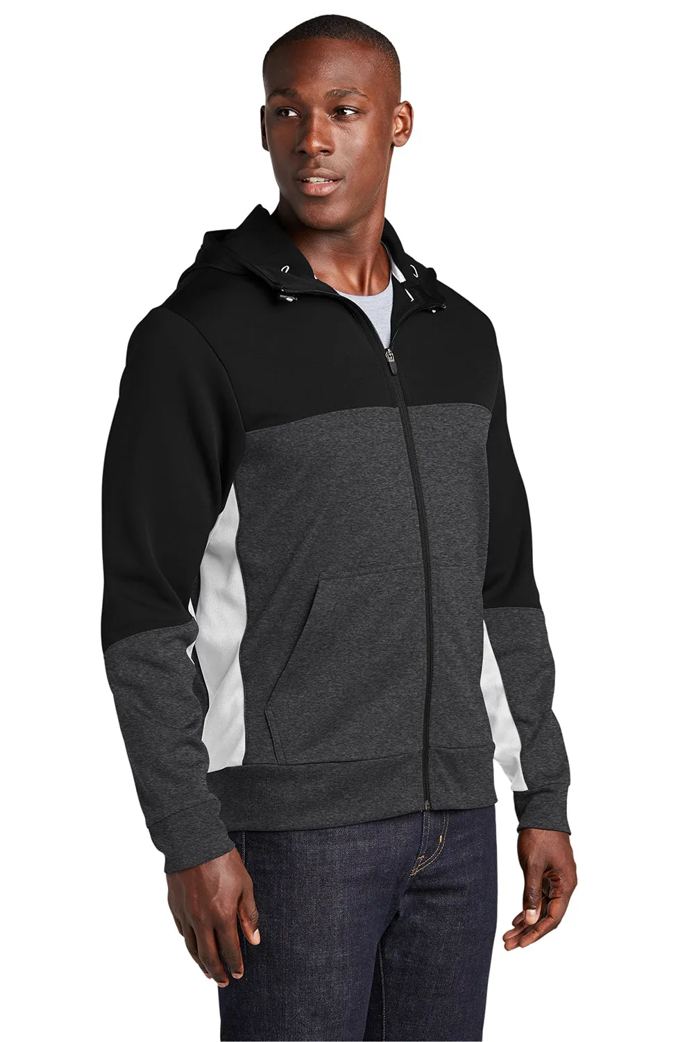Sport-Tek Mens Moisture Wicking Full Zip Tech Fleece Hooded Jacket - Black/Heather Graphite Grey/White