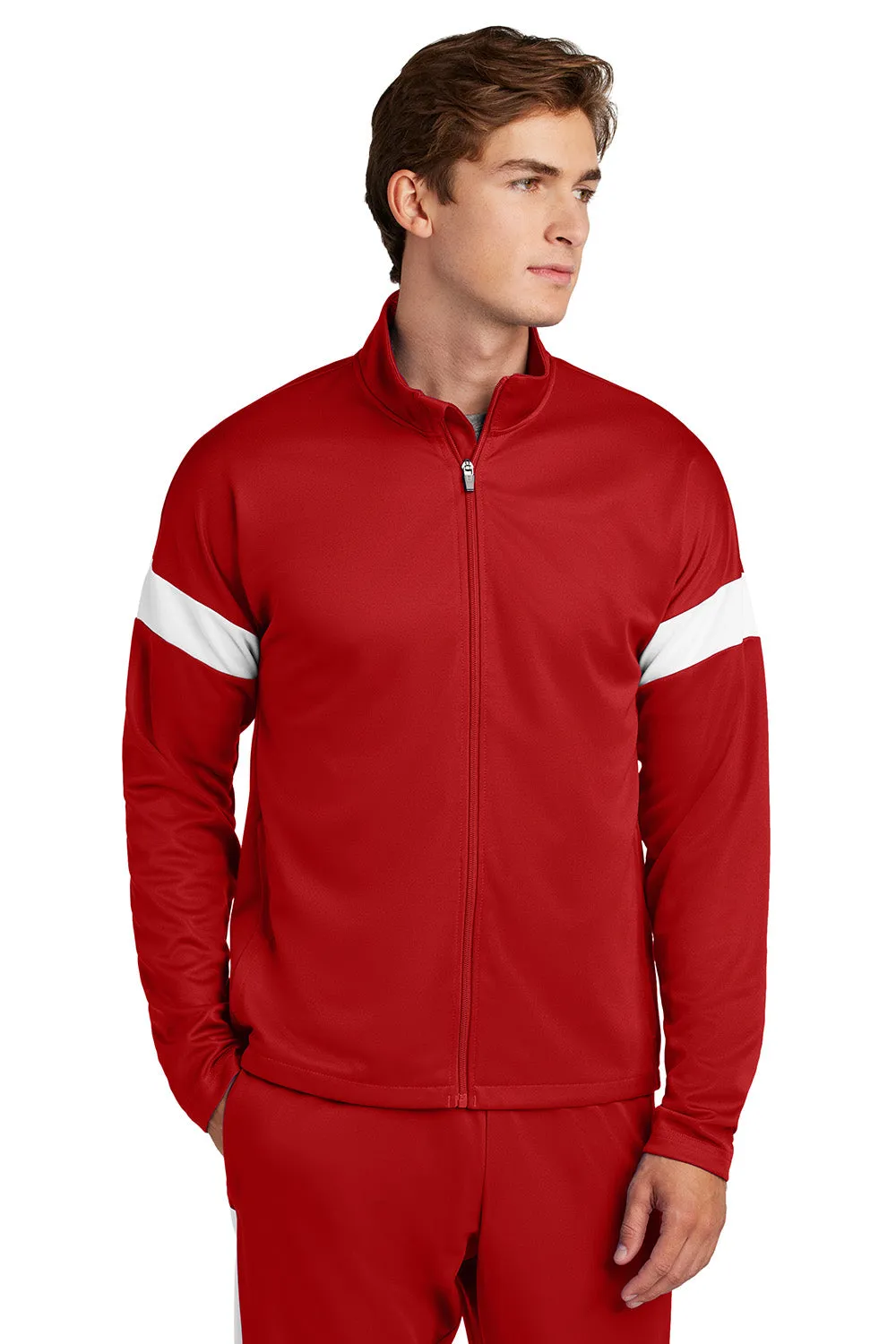 Sport-Tek Mens Moisture Wicking Travel Full Zip Jacket - Deep Red/White