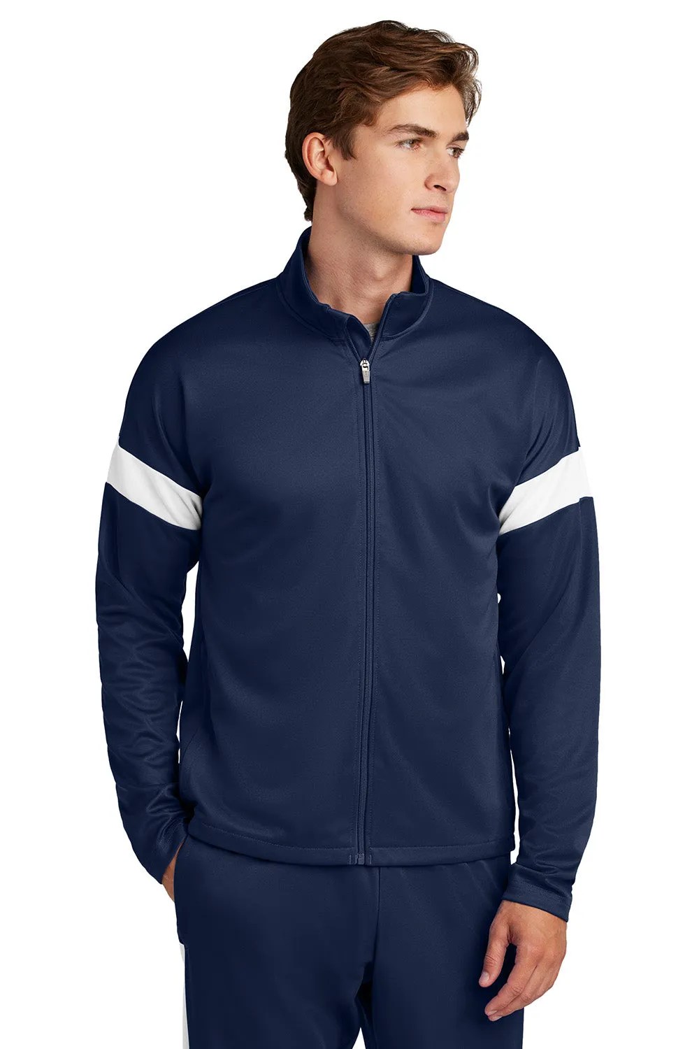 Sport-Tek Mens Moisture Wicking Travel Full Zip Jacket - True Navy Blue/White