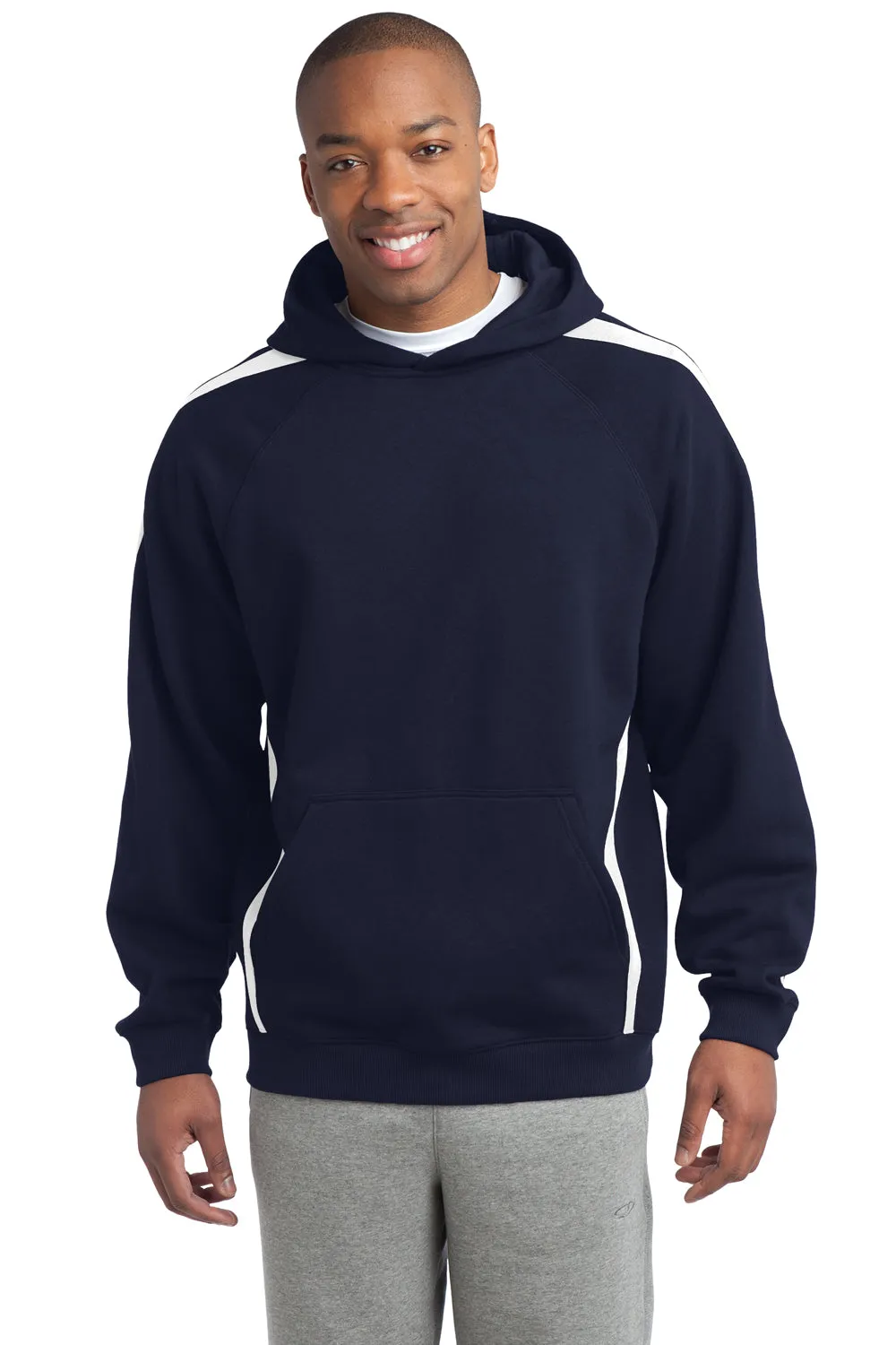 Sport-Tek Mens Shrink Resistant Fleece Hooded Sweatshirt Hoodie w/ Pouch Pocket - True Navy Blue/White - Closeout Clothing Sport-Tek