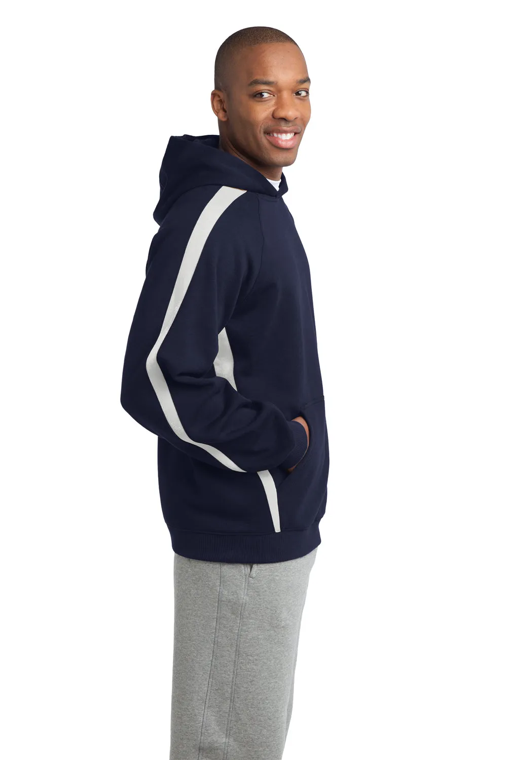 Sport-Tek Mens Shrink Resistant Fleece Hooded Sweatshirt Hoodie w/ Pouch Pocket - True Navy Blue/White - Closeout Clothing Sport-Tek