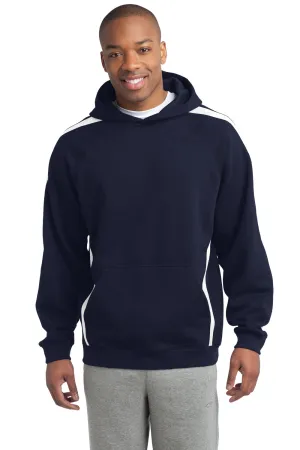 Sport-Tek Mens Shrink Resistant Fleece Hooded Sweatshirt Hoodie w/ Pouch Pocket - True Navy Blue/White - Closeout Clothing Sport-Tek
