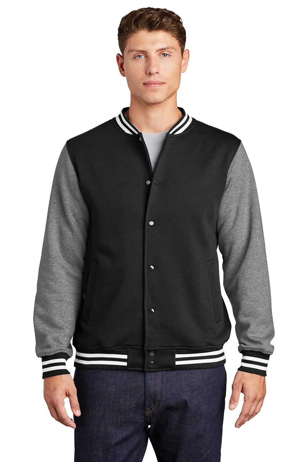 Sport-Tek Mens Snap Down Fleece Letterman Jacket - Black/Heather Vintage Grey/White