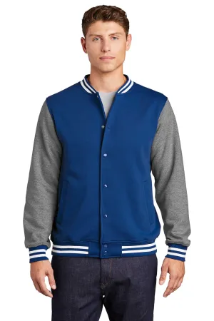 Sport-Tek Mens Snap Down Fleece Letterman Jacket - True Royal Blue/Heather Vintage Grey/White