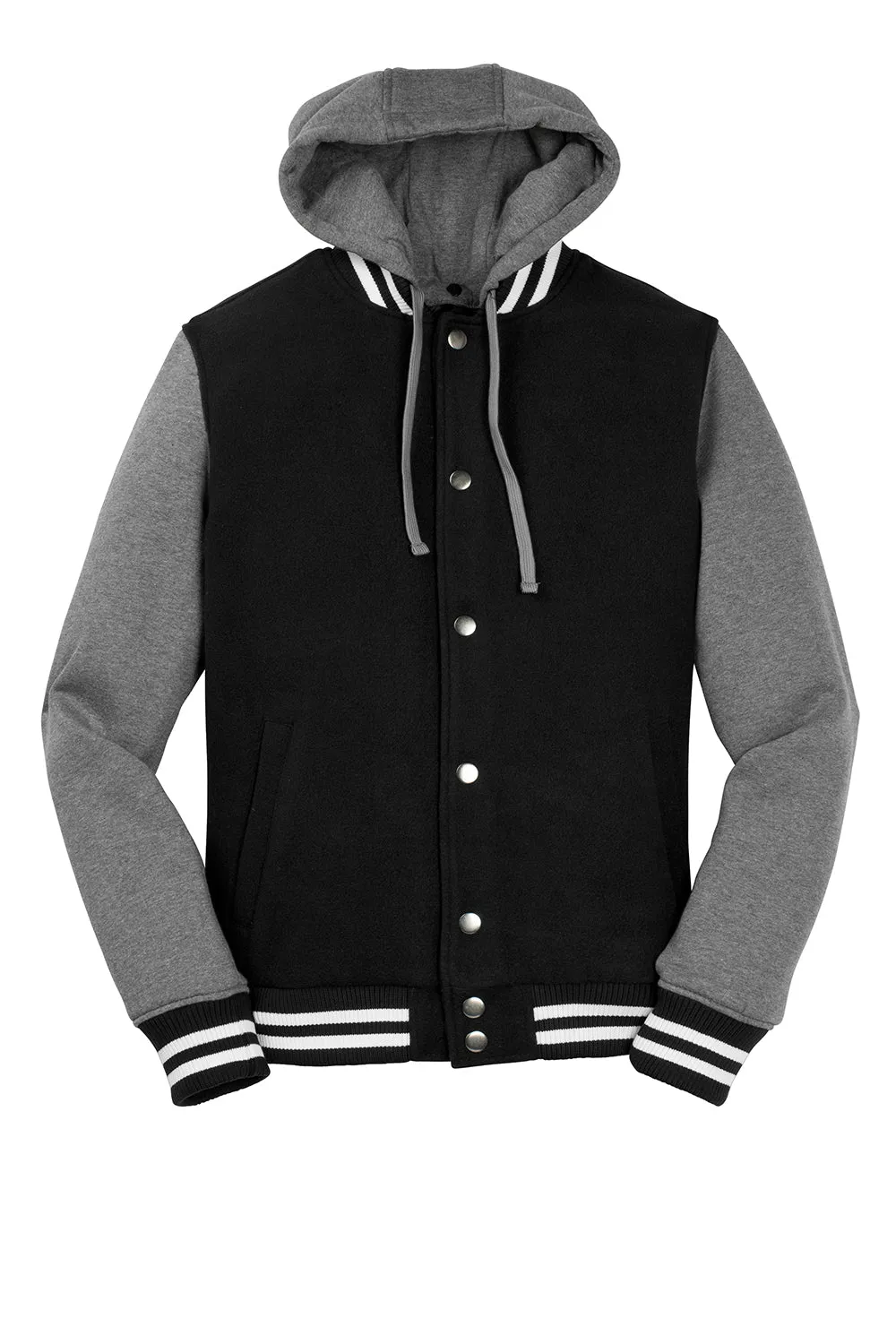 Sport-Tek Mens Snap Down Hooded Letterman Jacket - Black/Heather Vintage Grey/White