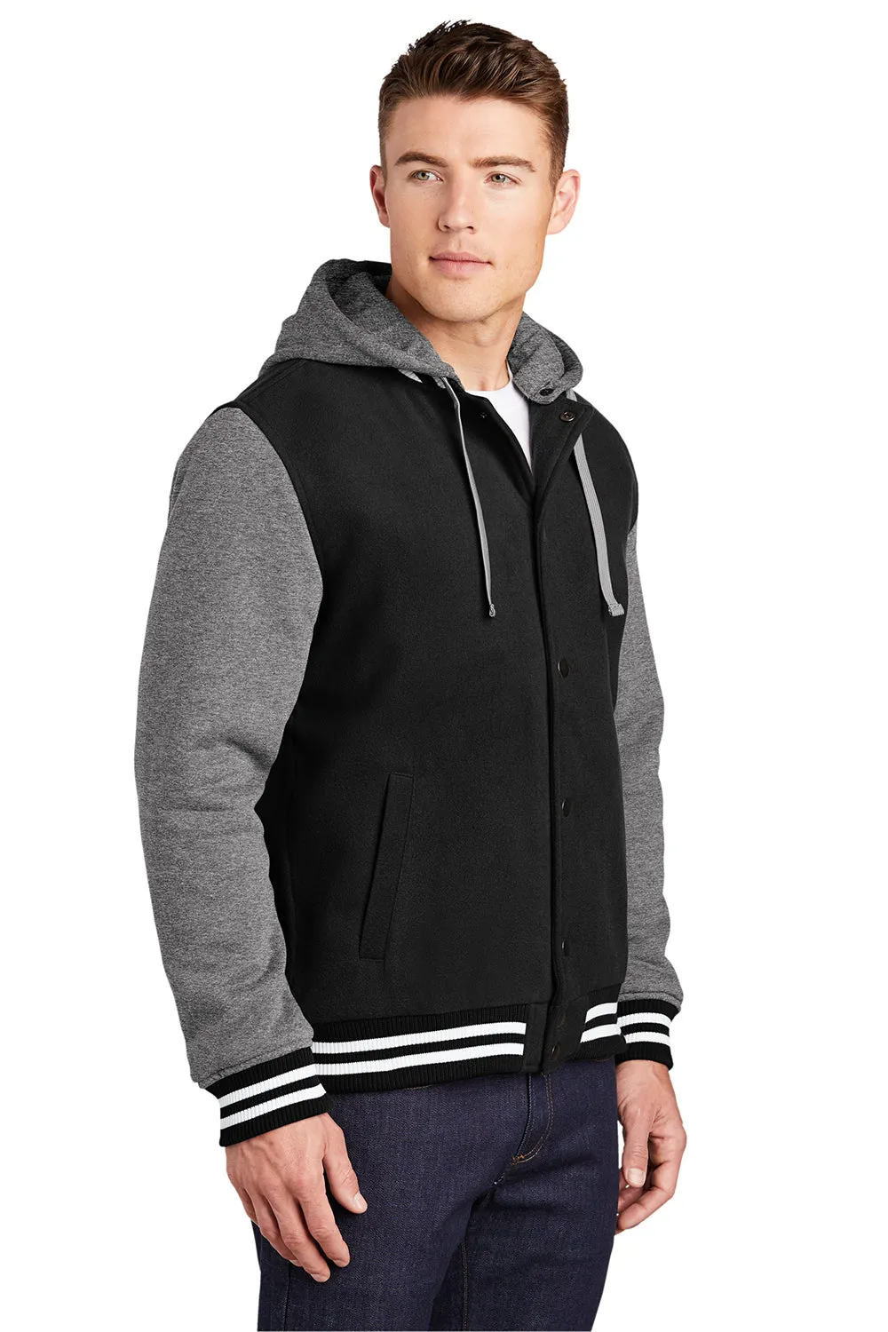 Sport-Tek Mens Snap Down Hooded Letterman Jacket - Black/Heather Vintage Grey/White