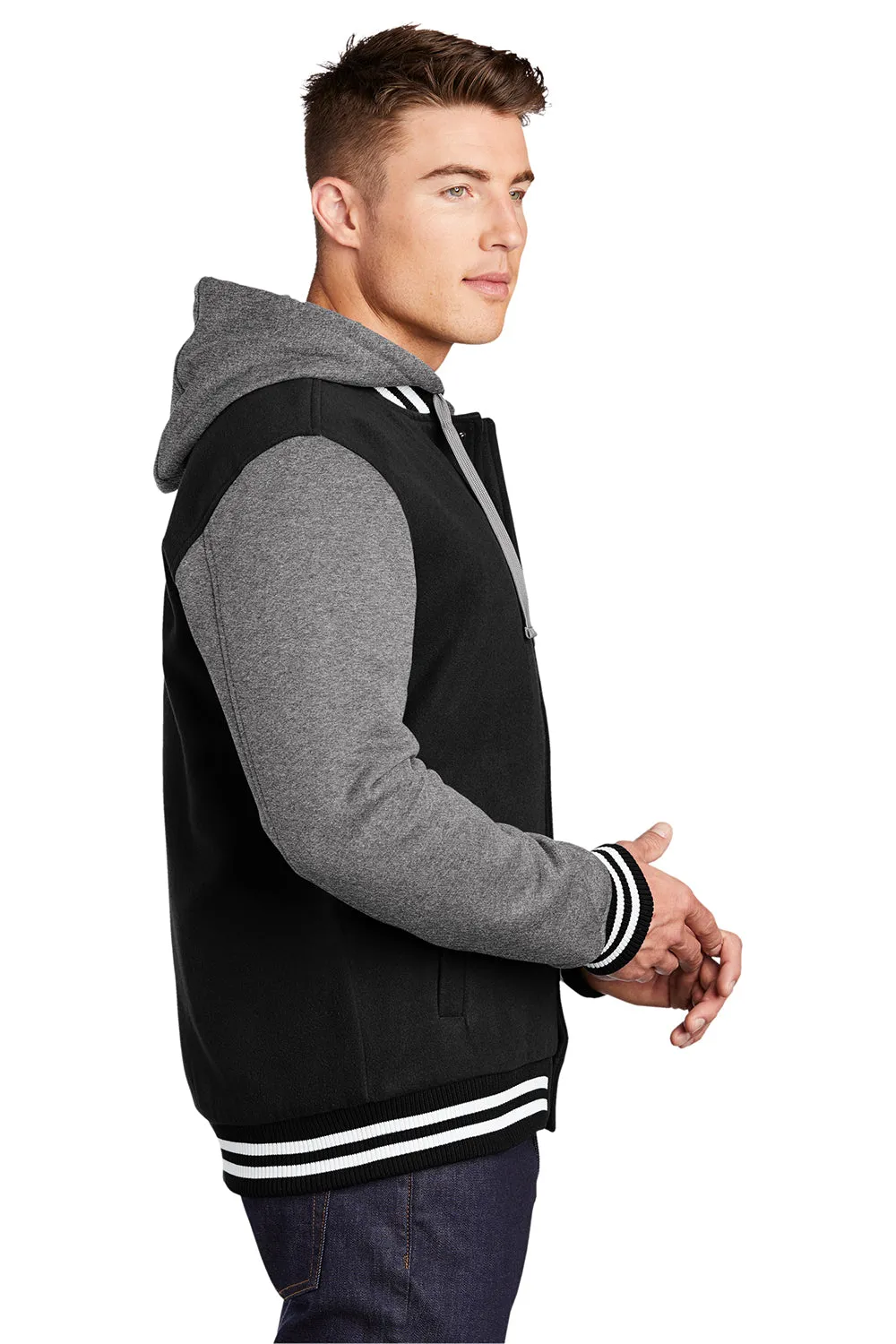Sport-Tek Mens Snap Down Hooded Letterman Jacket - Black/Heather Vintage Grey/White