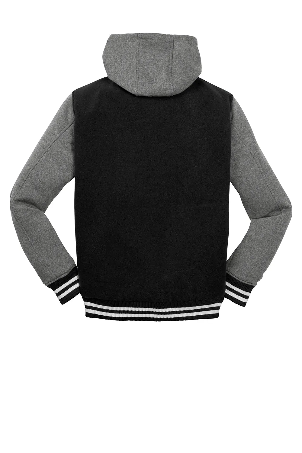 Sport-Tek Mens Snap Down Hooded Letterman Jacket - Black/Heather Vintage Grey/White