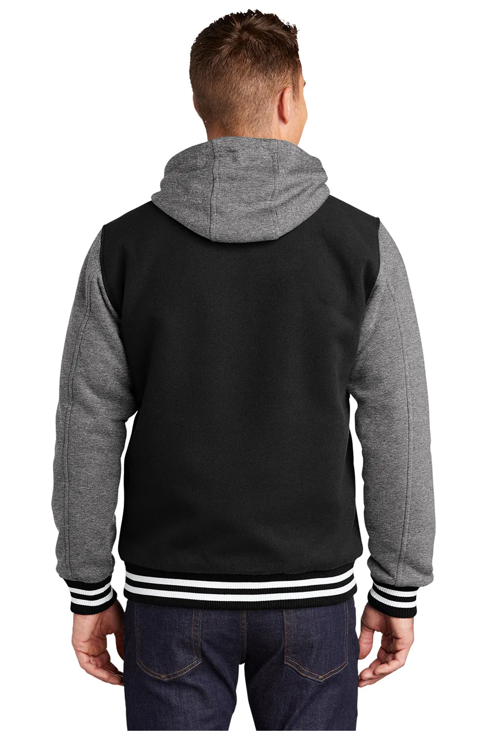 Sport-Tek Mens Snap Down Hooded Letterman Jacket - Black/Heather Vintage Grey/White