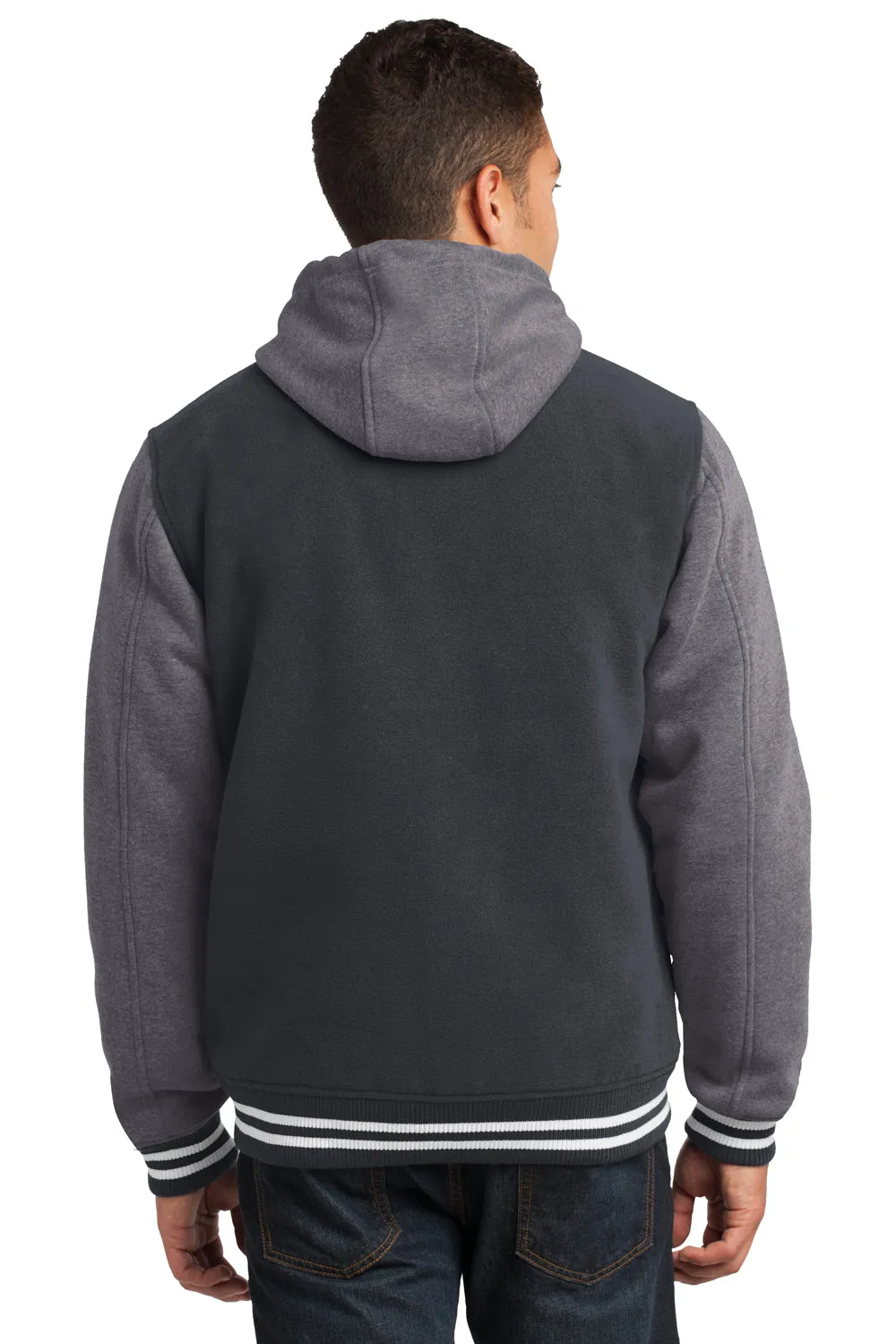 Sport-Tek Mens Snap Down Hooded Letterman Jacket - Graphite Grey/Heather Vintage Grey/White - Closeout