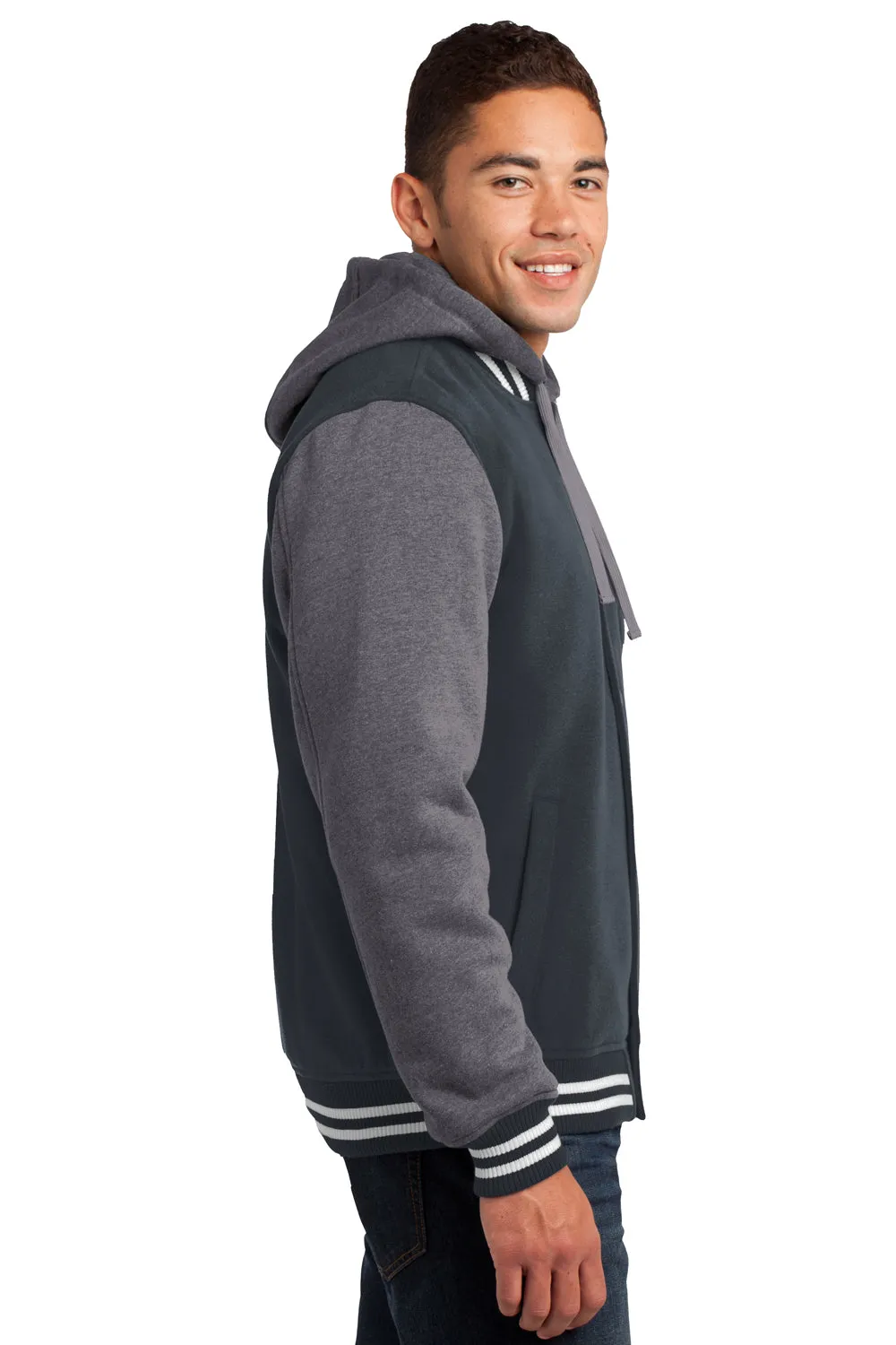 Sport-Tek Mens Snap Down Hooded Letterman Jacket - Graphite Grey/Heather Vintage Grey/White - Closeout