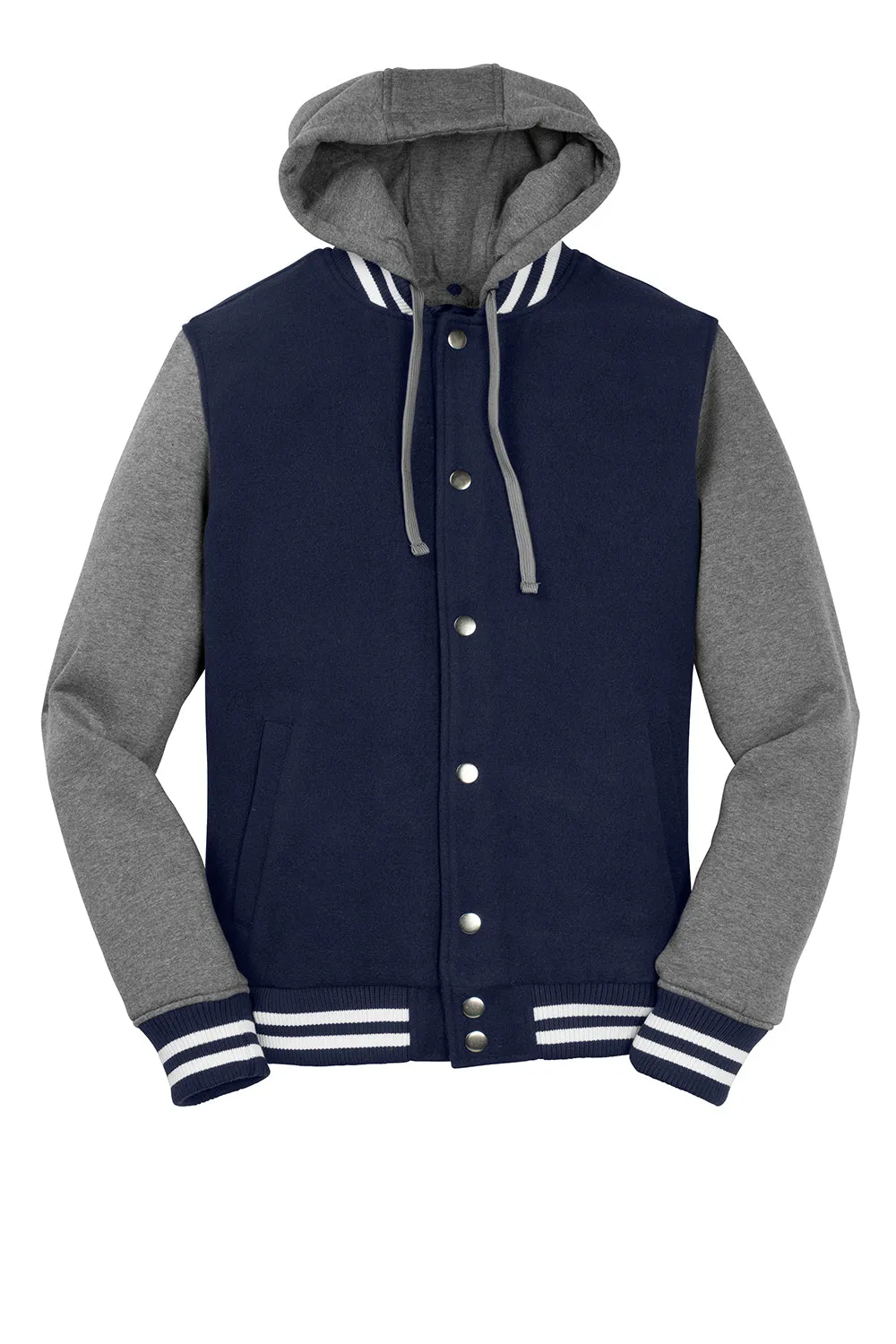 Sport-Tek Mens Snap Down Hooded Letterman Jacket - True Navy Blue/Heather Vintage Grey/White