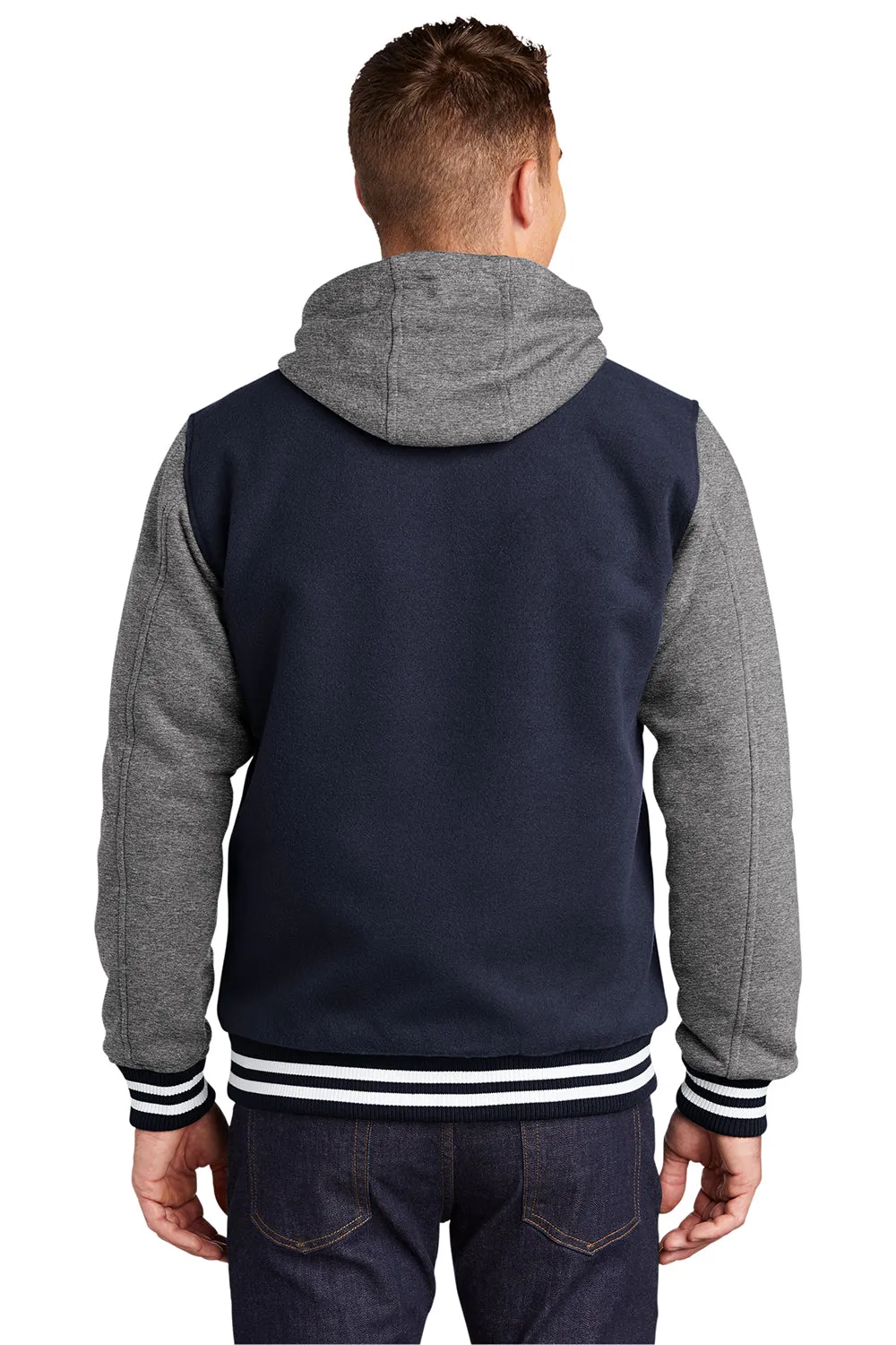 Sport-Tek Mens Snap Down Hooded Letterman Jacket - True Navy Blue/Heather Vintage Grey/White