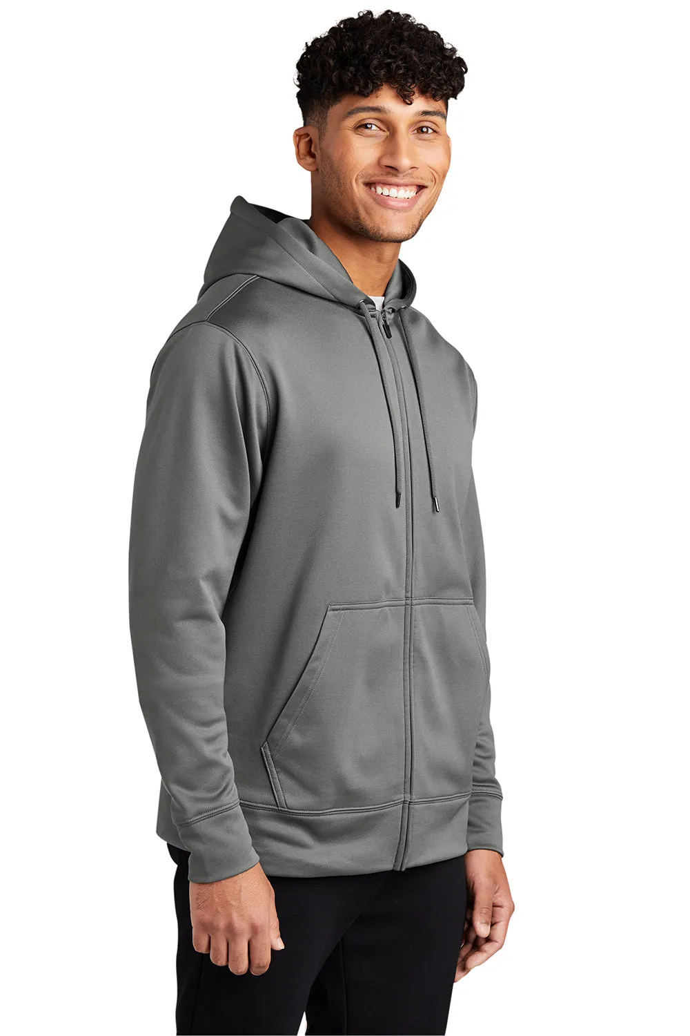 Sport-Tek Mens Sport-Wick Moisture Wicking Fleece Full Zip Hooded Sweatshirt Hoodie w/ Pouch Pocket - Dark Smoke Grey Clothing Sport-Tek