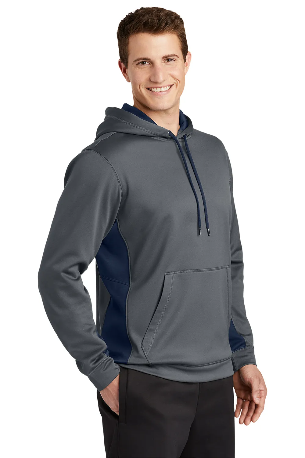 Sport-Tek Mens Sport-Wick Moisture Wicking Fleece Hooded Sweatshirt Hoodie w/ Pouch Pocket - Dark Smoke Grey/Navy Blue Clothing Sport-Tek