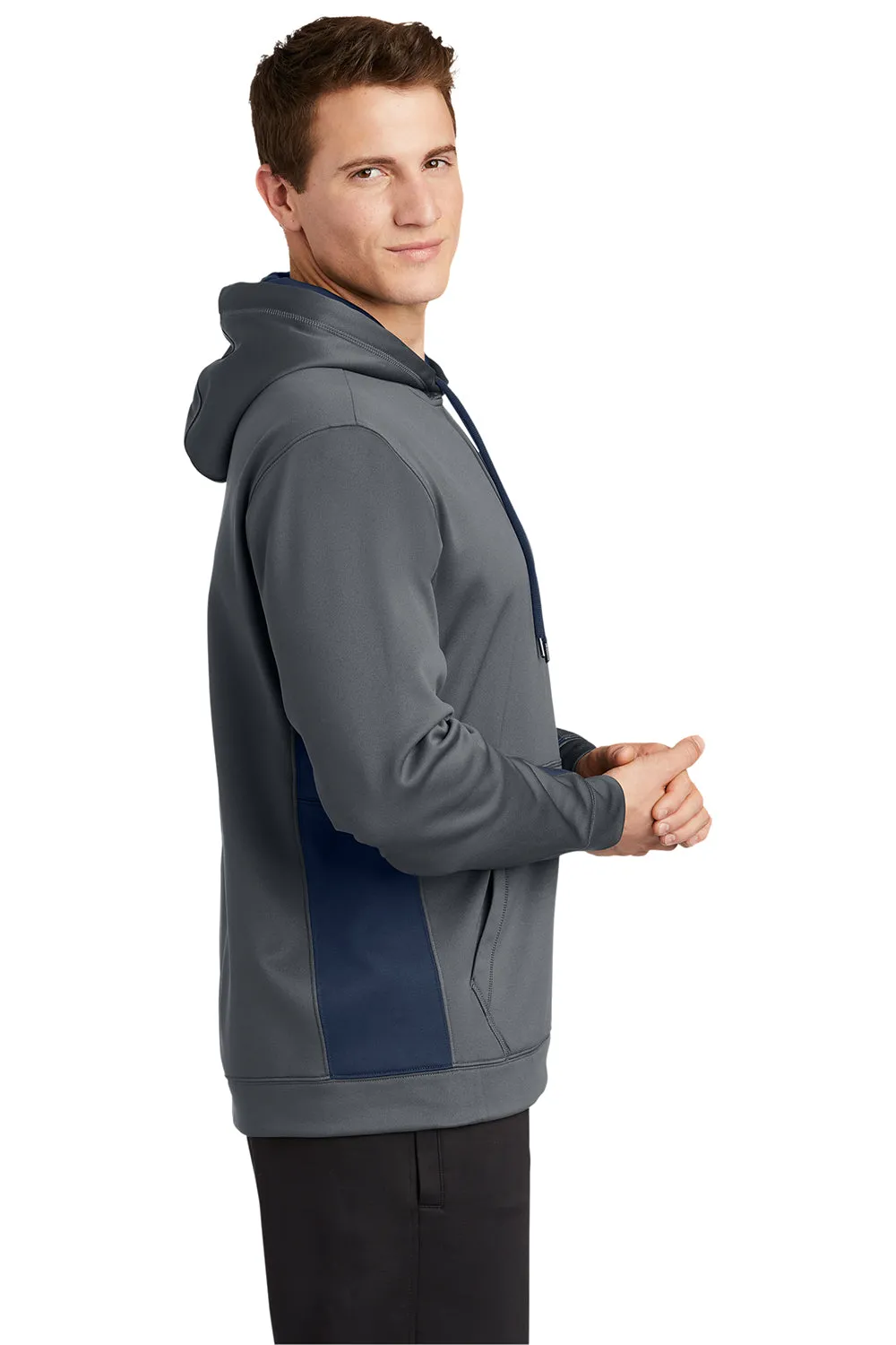 Sport-Tek Mens Sport-Wick Moisture Wicking Fleece Hooded Sweatshirt Hoodie w/ Pouch Pocket - Dark Smoke Grey/Navy Blue Clothing Sport-Tek