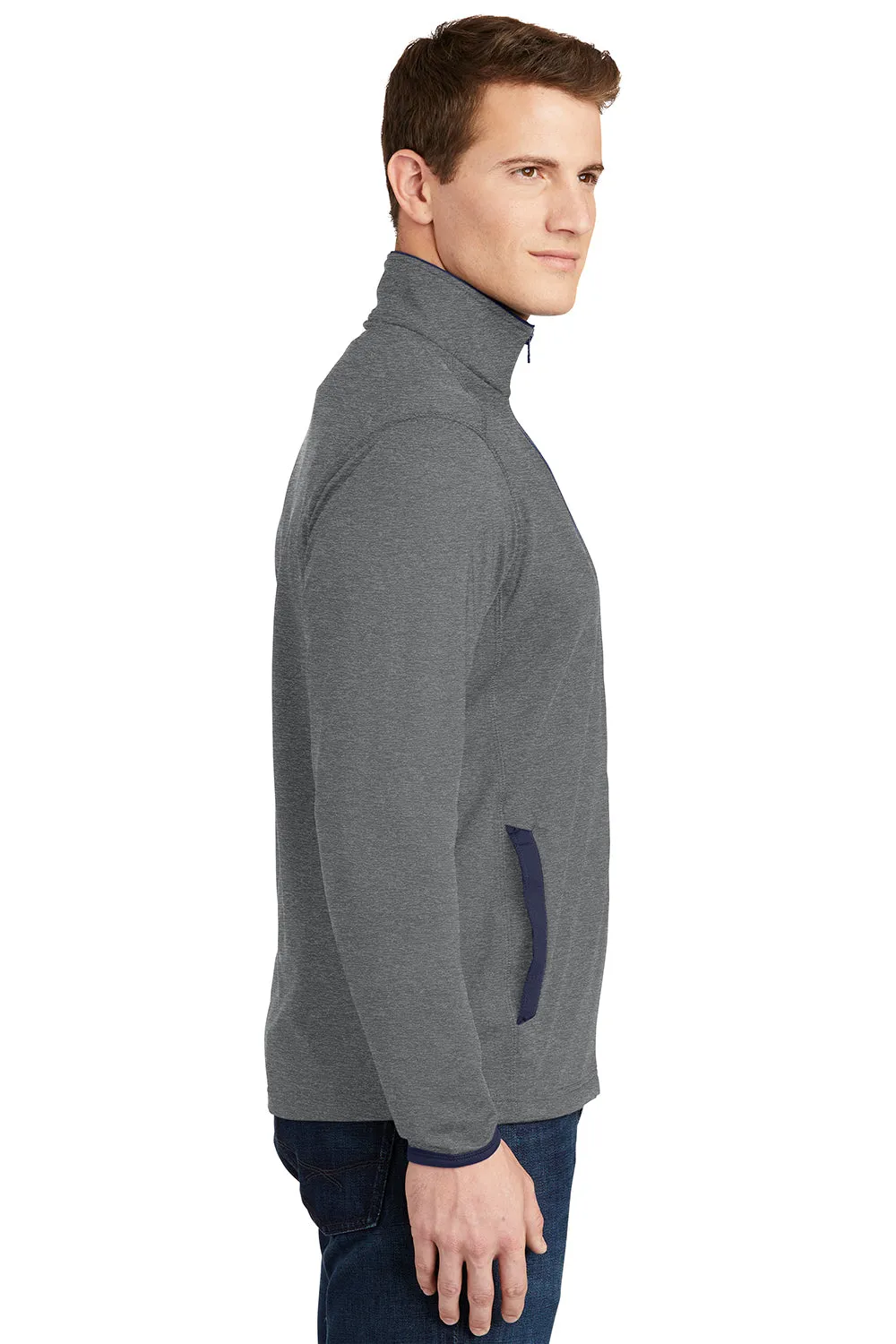 Sport-Tek Mens Sport-Wick Moisture Wicking Full Zip Jacket - Heather Charcoal Grey/True Navy Blue