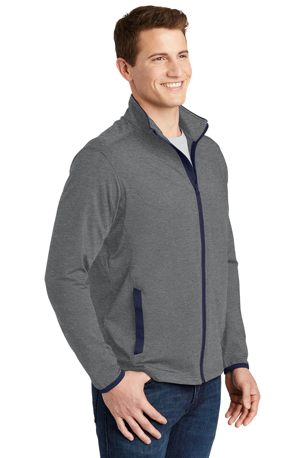 Sport-Tek Mens Sport-Wick Moisture Wicking Full Zip Jacket - Heather Charcoal Grey/True Navy Blue