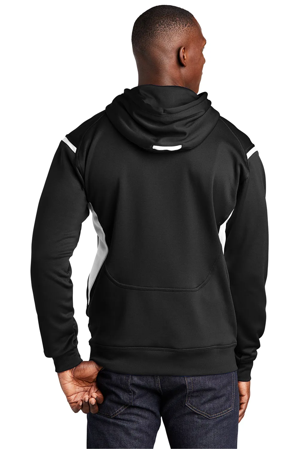Sport-Tek Mens Tech Moisture Wicking Fleece Hooded Sweatshirt Hoodie w/ Pouch Pocket - Black/White Clothing Sport-Tek