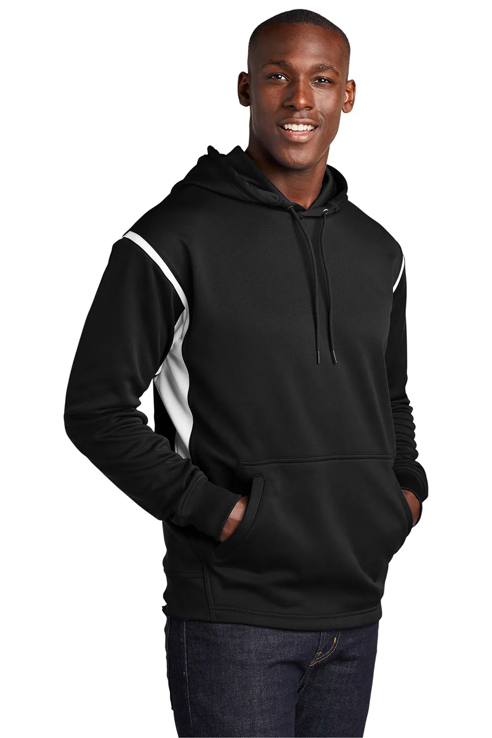 Sport-Tek Mens Tech Moisture Wicking Fleece Hooded Sweatshirt Hoodie w/ Pouch Pocket - Black/White Clothing Sport-Tek