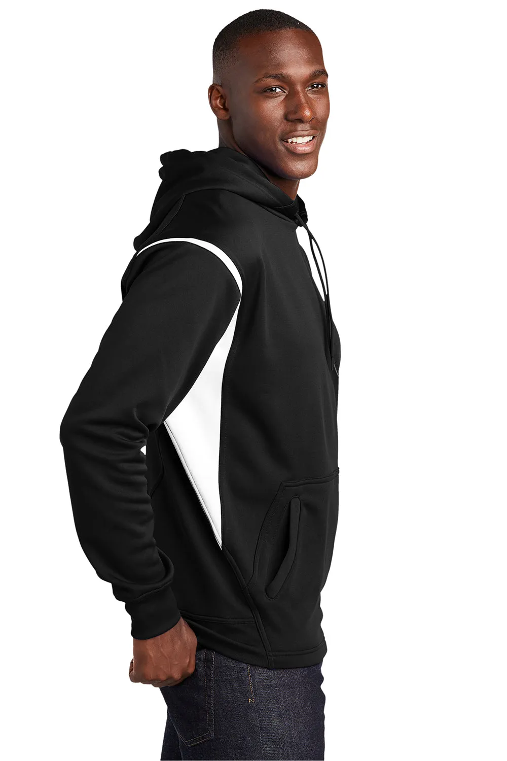 Sport-Tek Mens Tech Moisture Wicking Fleece Hooded Sweatshirt Hoodie w/ Pouch Pocket - Black/White Clothing Sport-Tek