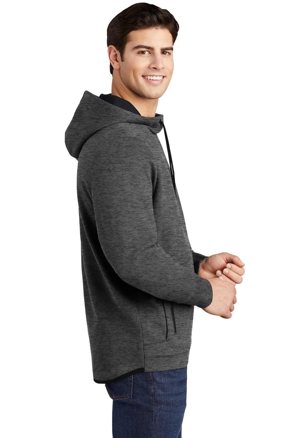 Sport-Tek Mens Triumph Fleece Hooded Sweatshirt Hoodie w/ Pouch Pocket - Heather Dark Grey Clothing Sport-Tek