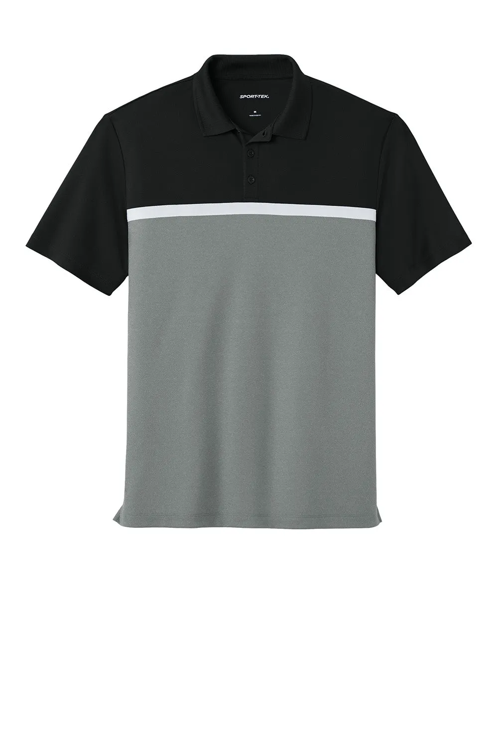 Sport-Tek Mens UV Micropique Colorblock Moisture Wicking Short Sleeve Polo Shirt - Black/Heather Concrete Grey/White Clothing Sport-Tek