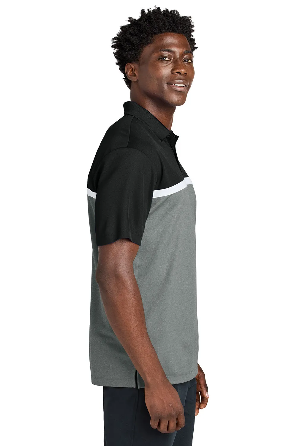 Sport-Tek Mens UV Micropique Colorblock Moisture Wicking Short Sleeve Polo Shirt - Black/Heather Concrete Grey/White Clothing Sport-Tek