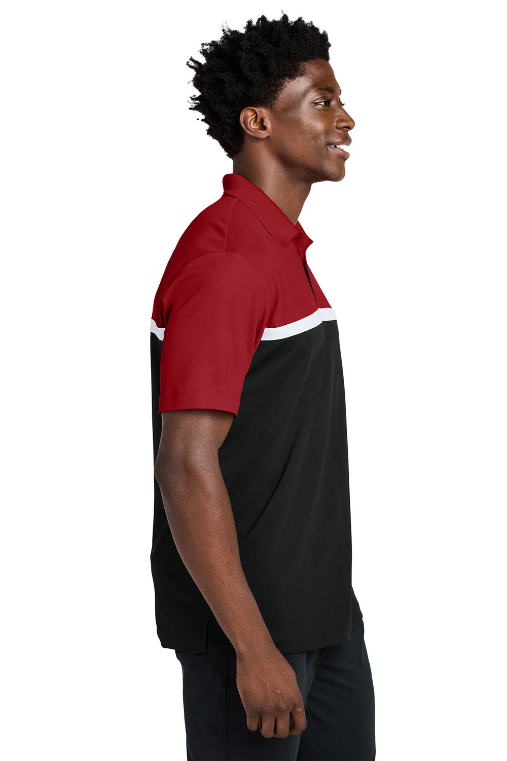 Sport-Tek Mens UV Micropique Colorblock Moisture Wicking Short Sleeve Polo Shirt - Deep Red/Black/White Clothing Sport-Tek
