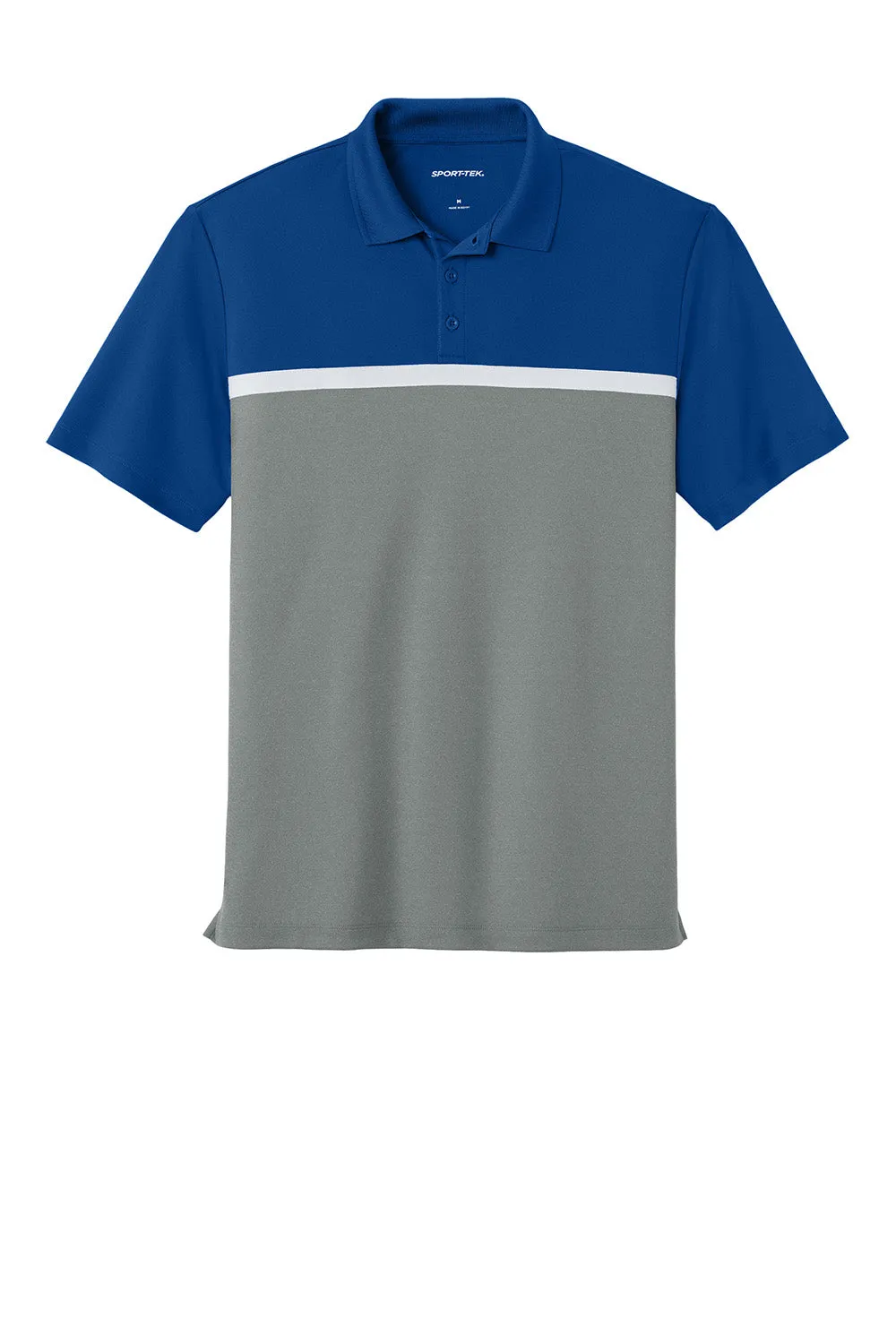 Sport-Tek Mens UV Micropique Colorblock Moisture Wicking Short Sleeve Polo Shirt - True Royal Blue/Heather Concrete Grey/White Clothing Sport-Tek