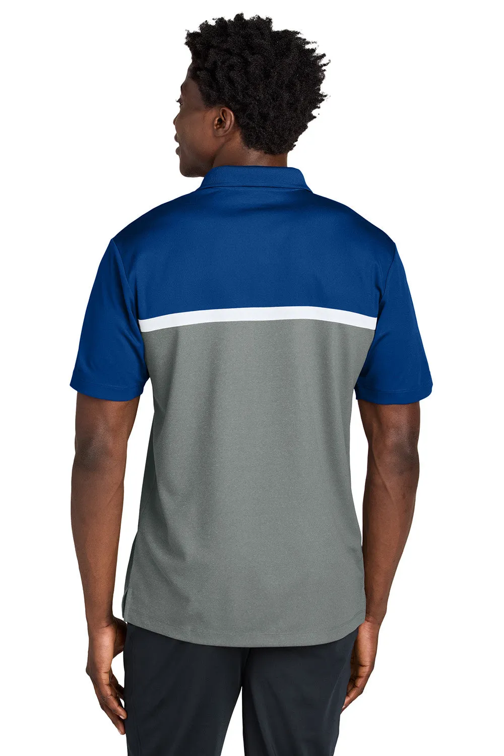 Sport-Tek Mens UV Micropique Colorblock Moisture Wicking Short Sleeve Polo Shirt - True Royal Blue/Heather Concrete Grey/White Clothing Sport-Tek