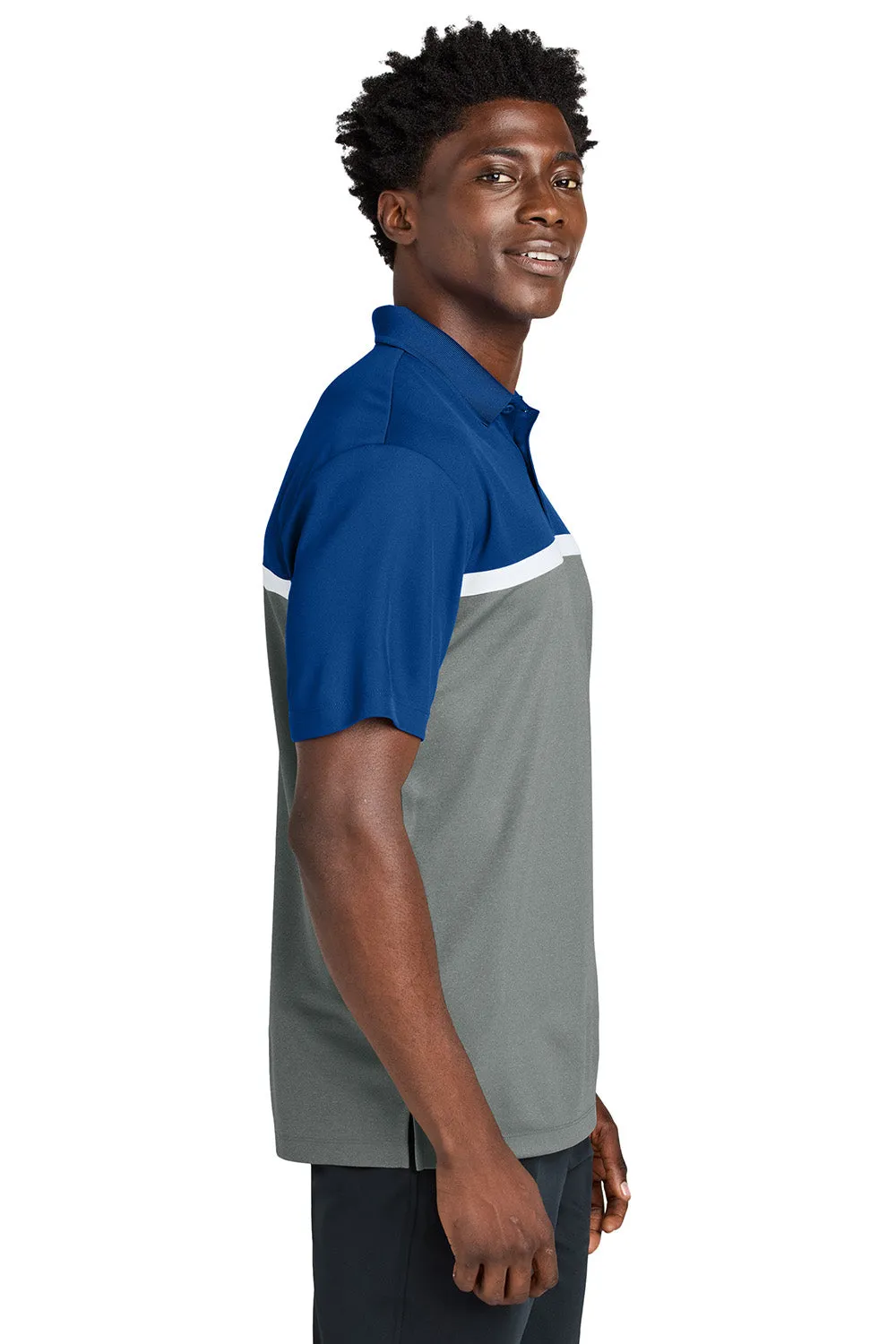 Sport-Tek Mens UV Micropique Colorblock Moisture Wicking Short Sleeve Polo Shirt - True Royal Blue/Heather Concrete Grey/White Clothing Sport-Tek