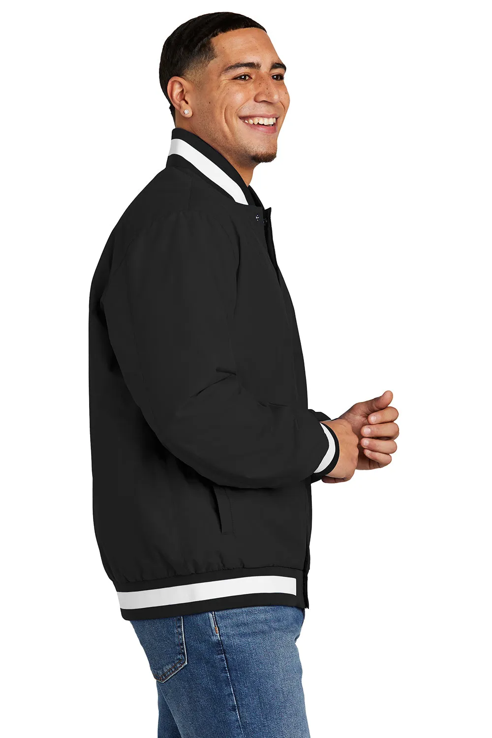 Sport-Tek Mens Water Resistant Snap Down Varsity Jacket - Black