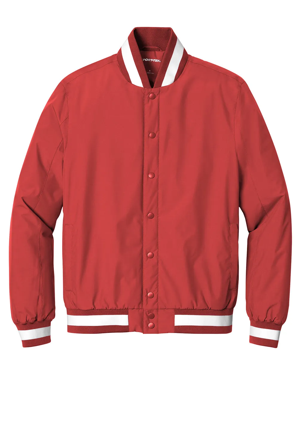 Sport-Tek Mens Water Resistant Snap Down Varsity Jacket - Deep Red