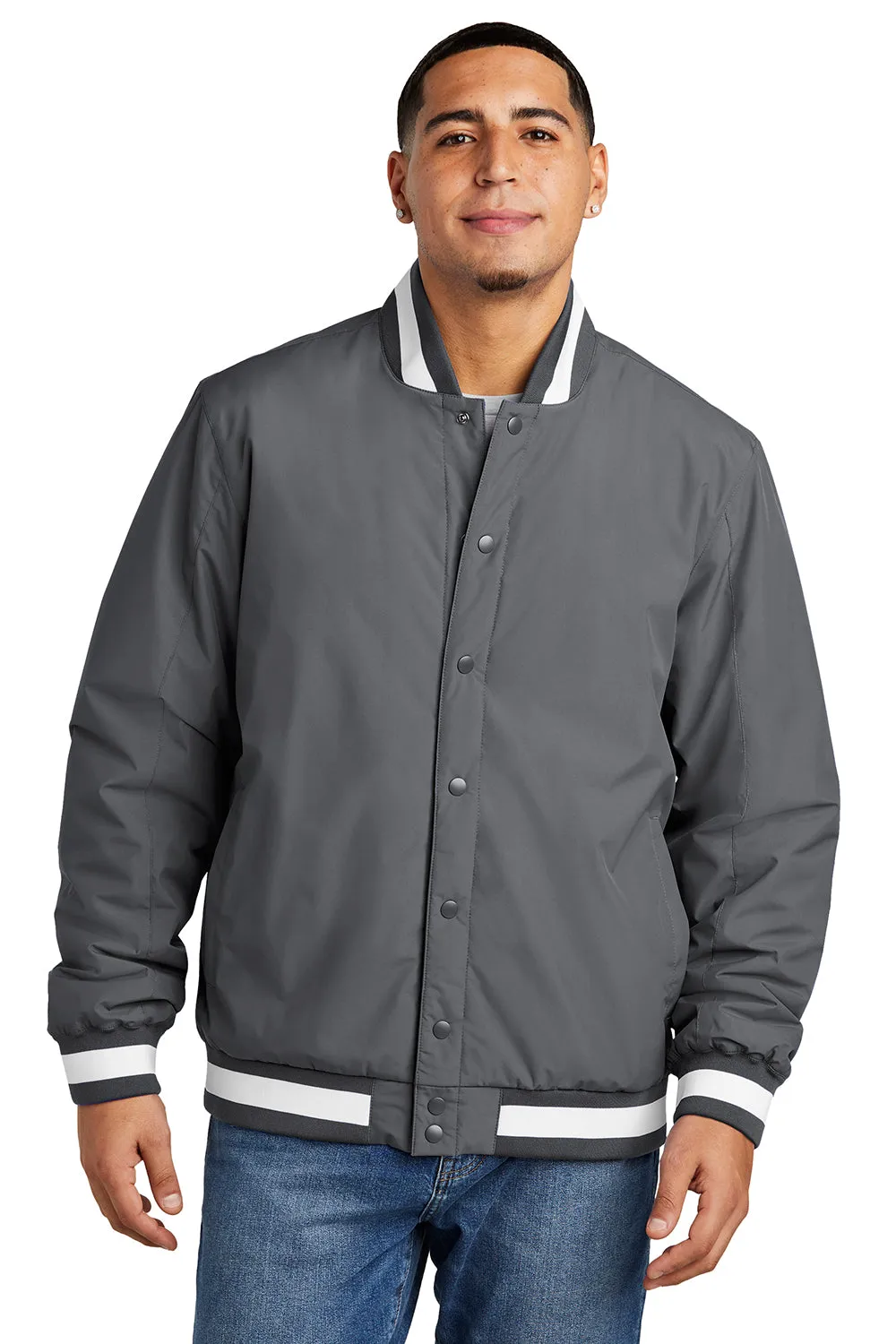 Sport-Tek Mens Water Resistant Snap Down Varsity Jacket - Graphite Grey