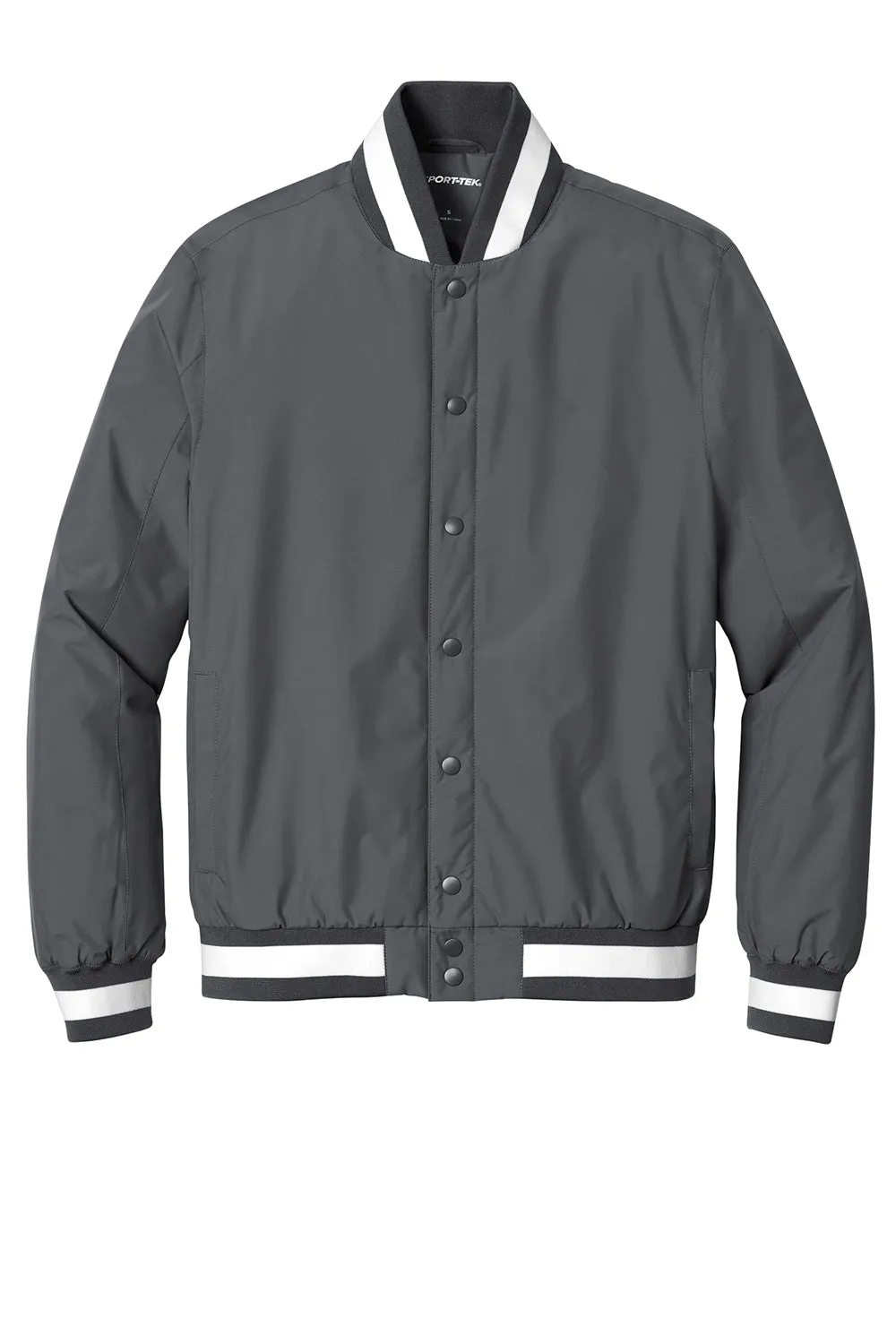 Sport-Tek Mens Water Resistant Snap Down Varsity Jacket - Graphite Grey