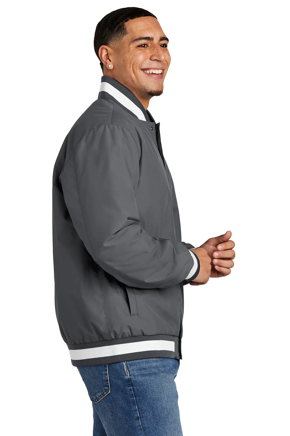 Sport-Tek Mens Water Resistant Snap Down Varsity Jacket - Graphite Grey